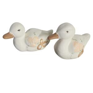 Vintage Ceramic Duck Figurines Pair Cream Floral Small Shelf Decor Matte Cottage